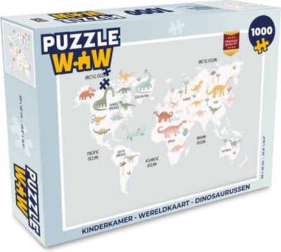 Puzzel Kinderkamer - Wereldkaart - Dinosaurussen - Legpuzzel - Puzzel 1000 stukjes volwassenen