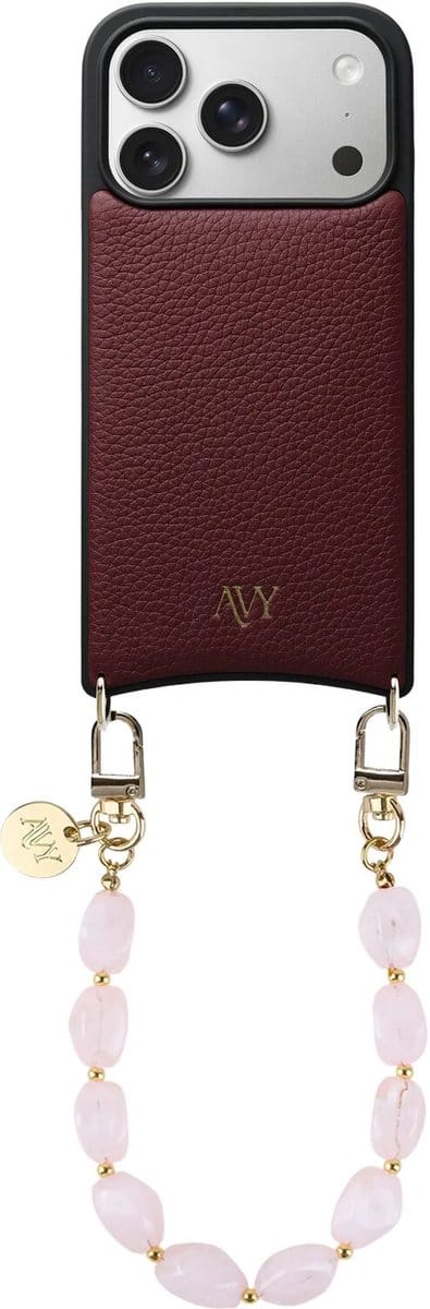 AVY Leren Hoesje Geschikt voor Apple iPhone 17 Pro | Compatibel met MagSafe | Leather Case met Telefoonkoord | Polsbandje | Burgundy | Rocher Pink