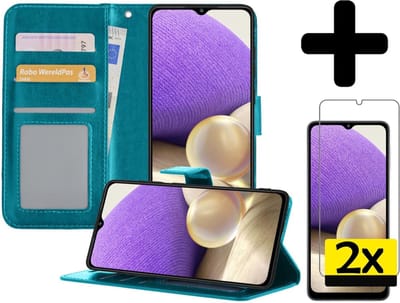 Hoesje - Met 2x Screenprotector - Geschikt voor Samsung Galaxy A32 5G - Luxe Pasjeshouder - Bookcase Portemonee - Flip Case - Kunstleer Book Case - Flipcase Hoes - Book Cover - Walletcase - Portemonneehoes - Telefoonhoesjes - Turquoise