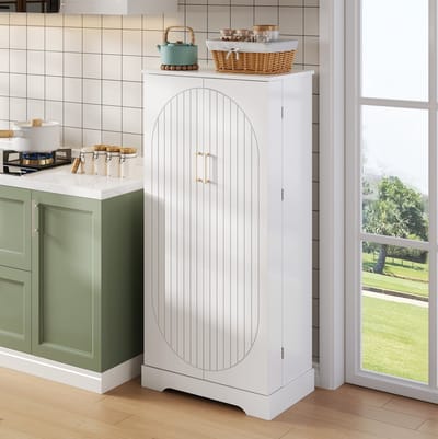 MEUNIQ Keukenkast 60 x 35 x 128 cm met LED-sensorverlichting, verstelbare legplanken, dubbele deuren en opbergruimte voor keuken, woonkamer of eetkamer, wit