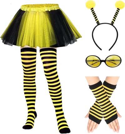 7-delige Bijenkostuum Set voor Volwassenen, Inclusief Bijen Antenne Hoofdband, Zonnebril, Been Mouwen en Lange Handschoenen voor Feest en Cosplay