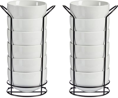 Soepkommen/serveer schaaltjes - 12x - Madras - porselein - D15 x H8 cm - wit - In stapelrek van metaal - stapelbaar