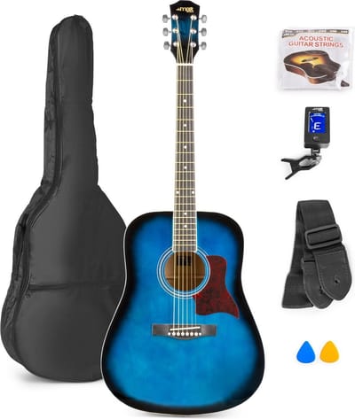 Akoestische gitaar voor beginners - MAX SoloJam Western gitaar 4/4 - incl. gitaar stemapparaat, gitaartas en 2x plectrum - Blauw