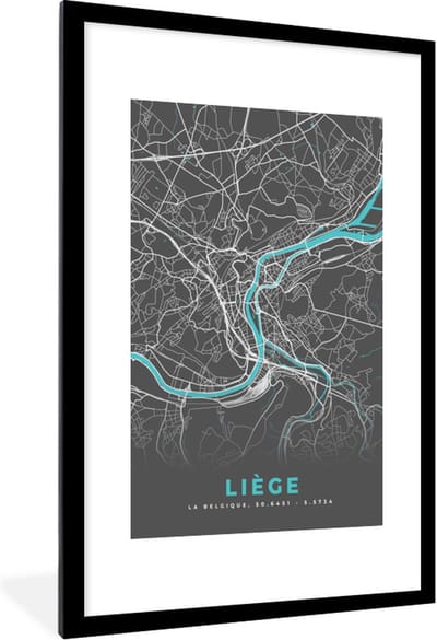 Fotolijst incl. Poster - Kaart – Plattegrond – Stadskaart – Liège – België - Grijs - 80x120 cm - Posterlijst