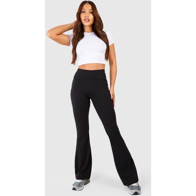 boohoo Dames Hoge katoen jersey met gevouwen tailleband en yoga flares | Zwart | Maat: 46