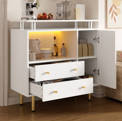 FloraGrace Dressoir - Moderne Opbergkast Met Ledverlichting, 2 Lades En Glazen Schuifdeuren - Voor Woonkamer Hal Of Eetkamer - Wit - 80x35x80 Cm