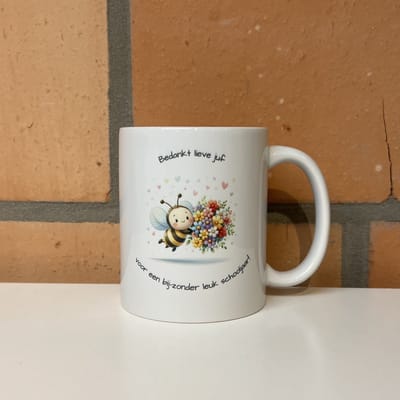 Mok JUF | bij-zonder | cadeau JUF | cadeau MEESTER | einde schooljaar | juf bedankt | juffrouw | juffendag | cadeau juf | school