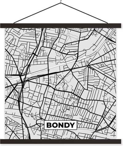 Posterhanger incl. Poster 60x60 cm - Schoolplaat - Kaart - Frankrijk - Stadskaart - Plattegrond - Bondy - Textielposter - Zwarte latten - Stadskaart
