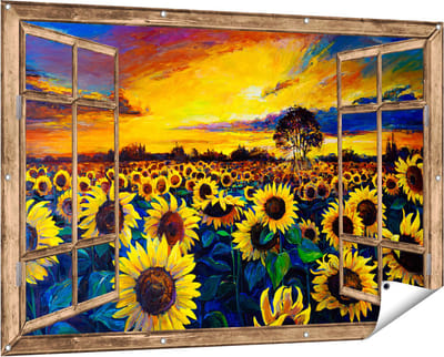 Gards Tuinposter Doorkijk Getekende Zonnebloemen Veld met Olieverf - 150x100 cm - Tuindoek - Tuindecoratie - Wanddecoratie buiten - Tuinschilderij