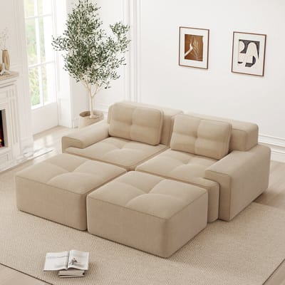 MODFU Modulaire Bank - Diepe Zitting - Montagevrij - Voor Woonkamer - Ribstof - Beige