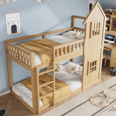 HAUSS SPOLE Stapelbed 90x200 cm - Kinderbed Met Huisvorm En Ramen - Zonder Matras - Met Trap En Valbeveiliging - Hout - Naturel