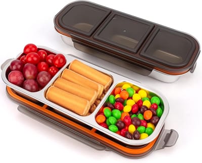 SnelShoppen - 2 Stuks Roestvrijstalen Snackboxen met 3 Compartimenten 600 ml - Lekvrije Metalen Lunchbox voor Vaatwasmachine en Magnetron - Ideaal voo