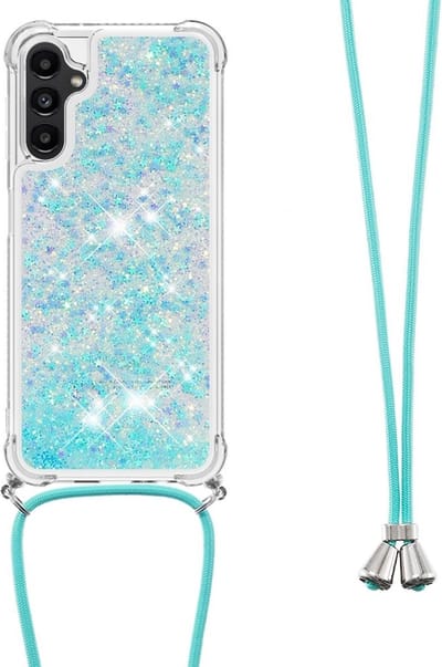 Coverup Hoesje - Geschikt voor Samsung Galaxy A14 Hoesje - Coverup Liquid Glitter Back Cover met Koord - Lichtblauw
