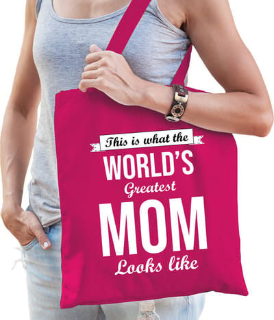Worlds greatest MOM cadeau tasje roze voor dames - Moederdag / verjaardag / kado tas / katoenen shopper voor moeders