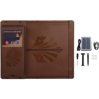 Ouvre-porte de poulailler automatique à énergie solaire USB avec minuterie, affichage LED programmable, 3 niveaux de puissance marron