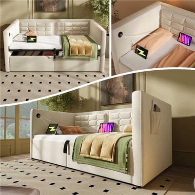 Slaapbank 90x200- Hydraulisch Opbergbed Met USB En Type-C - Houten Lattenbodem - Fluweel - Beige - Zonder matras