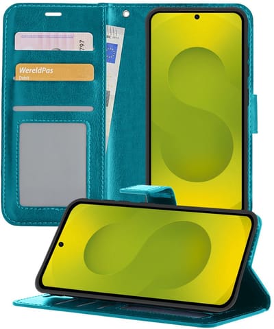Hoesje - Met Pasjeshouder - Geschikt voor Samsung Galaxy S25 Edge - Luxe Bookcase Portemonee - Flip Case - Kunstleer Book Case - Flipcase - Book Cover - Walletcase - Portemonneehoes - Telefoonhoesjes - Turquoise