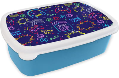 Broodtrommel Blauw - Lunchbox - Brooddoos - Gaming - Neon - Koptelefoon - Design - 18x12x6 cm - Kinderen - Jongen