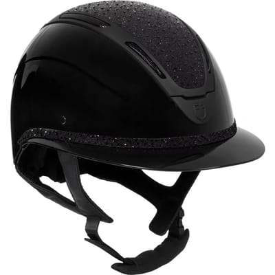 Polo paardrijhelm met visier, diamanten en glanzende schaal voor dames Equestro Apocalypse