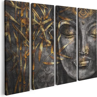 Artaza Canvas Schilderij Vierluik Gouden Boeddha Van Aquarel - Abstract - 80x60 - Foto Op Canvas - Canvas Print