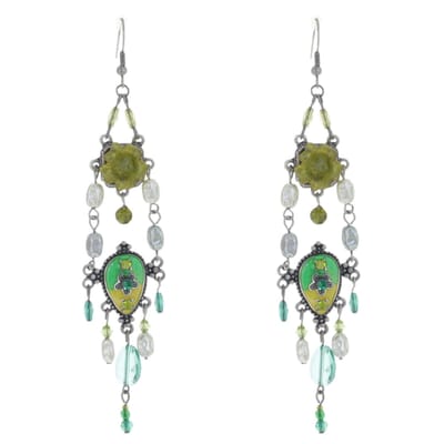 Behave – Oorhangers – Antiek Zilverkleurig met Groen & Gele Accenten – 11 cm
