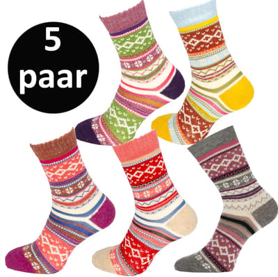 Teckel - 5 paar - Warme Wollen Winter Sokken - Noorse print - Maat 36/42 - Dames - Geel/Beige/L.Paars/D.Paars/Grijs - Cadeau tip tijdens feestdagen