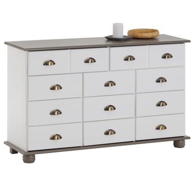 Ladekast COLMAR 120 cm met 11 lades van massief hout - Wit/taupe