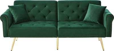 Moderne 2-zits slaapbank – met fluwelen bekleding, 3-standen verstelbare rugleuning & vergulde metalen poten. Stijlvolle sofa met slaapfunctie – ruimtebesparend, draagkrachtig, ideaal voor kleine ruimtes.- groen