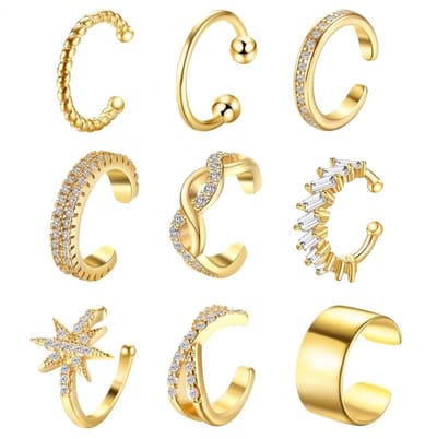 Goudkleurige ear cuff dames oorbellen set zonder gaatjes met strass details open ring design sterren motief minimalistisch statement oor sieraad ear cuff collectie