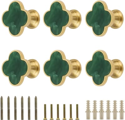 28mm Four Leaf Clover Knoppen in Messing voor Kastdeuren en Lades - Donkergroen, Set van 6/9 Stuks met Schroeven en Handgrepen