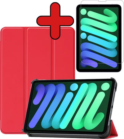 Hoesje Geschikt voor Apple iPad Mini 6 (2021) - 8.3 inch - 6e Generatie - Met Screenprotector - Trifold Bookcase - Hard Cover - Hardcover Book Case - Tablet Hoes - Rood