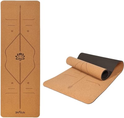 DH FitLife Yogamat van kurk en TPE, gymnastiekmat, 183 x 61 x 0,6 cm, yogamat, sportmat, fitnessmat, antislip, yogamat, dikker met oriëntatielijnen (kleine lotus)