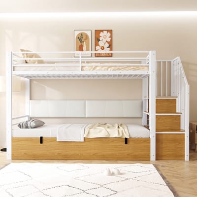 VVBV Metalen Stapelbed 90x200 cm met Veiligheidstrap, Uitvalbeveiliging - Voor Kinderen/Tieners - Metaal/PU-leer Wit