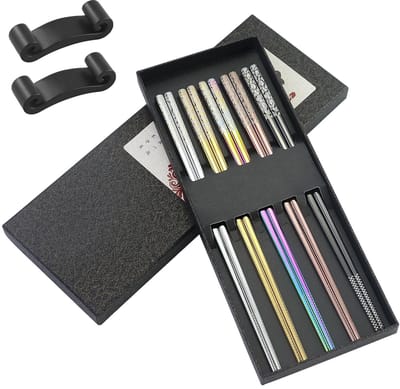 Dailygoods- Eetstokjes Roestvrij Staal - 5 Paar - Vaatwasmachinebestendig - Antislip - Veelkleurig - Duurzaam - Inclusief 2 Schalen - Eetstokjesset