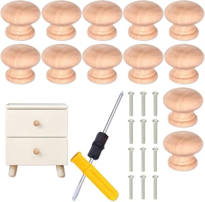 Set van 12 Ronde Onbewerkte Houten Knoppen met Schroeven – Houten Deurgrepen voor Meubels, Inclusief Schroeven en Schroevendraaier – 35x30mm, Geschikt voor Keuken, Meubels en Kasten