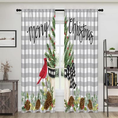 2 stuks, Kerst Buffalo Ruit Gordijnen -30% verduisterend - geschikt voor woonkamers, slaapkamers, keukens en huisdecoratie W150CM H166CM&Rod pocket white