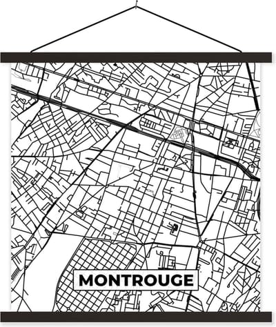 Posterhanger incl. Poster 60x60 cm - Schoolplaat - Montrouge - Plattegrond - Kaart - Frankrijk - Stadskaart - Zwart wit - Textielposter - Zwarte latten - Stadskaart