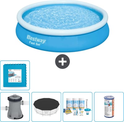 Bestway Rond Opblaasbaar Fast Set Zwembad - 366 x 76 cm - Blauw - Inclusief Pomp Afdekzeil - Onderhoudspakket - Filter - Vloertegels