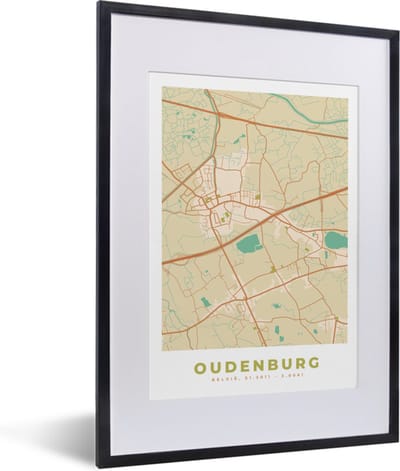 Fotolijst incl. Poster - Stadskaart - Oudenburg - Kaart - Plattegrond - België - 30x40 cm - Posterlijst