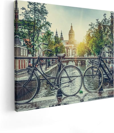 Artaza Canvas Schilderij Amsterdam - 100x80 cm - Groot - Wanddecoratie Grachten - Muurdecoratie Fiets - Schilderijen Op Canvas Stad