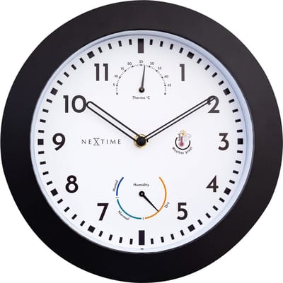 NeXtime Daisy – Weerstation Wandklok – 25.5 cm – Metaal – Zwart/Wit – Weerbestendig