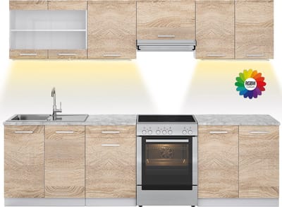Vicco Keukenblok R-Line, Sonoma/Wit, 270 cm, WB Marmer met LED-strip
