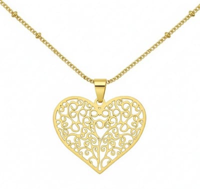 Goudkleurige ketting met sierlijk opengewerkte hartvormige hanger – ketting voor dames – romantisch design – ketting met hartje