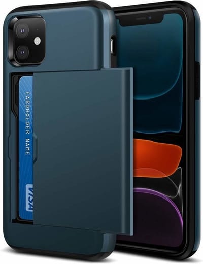 ShieldCase Kaarthouder case met slide geschikt voor Apple iPhone 11 hoesje - Hardcover hoesje met ruimte voor pasjes - Extra sterke bescherming - Kwalitatieve backcover - Donkerblauw / blauw