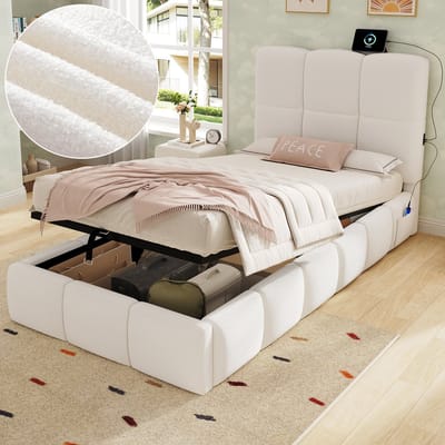 Kinderbed 90 x 200 cm - met opbergruimte en USB-oplaadpoort - gestoffeerd hoofdeinde - grof geweven stof - beige