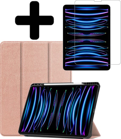 Hoes - Geschikt voor Apple iPad Pro (2022) - 12.9 inch - Met Screenprotector - Trifold Bookcase - Hard Cover Case - Met Uitsparing Geschikt voor Apple Pencil - Hardcover Book - Tablet Hoesje - Rosé goud