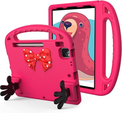 Kinderhoes - Schokbestendig - Lichtgewicht - Boogknoop Schattig - Handvat Kickstand Geschikt voor: Apple iPad Pro 11 Inch Case 2022/2021 / 2020 - Donkerroze