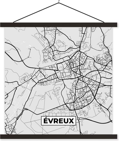 Posterhanger incl. Poster 60x60 cm - Schoolplaat - Kaart – Stadskaart – Frankrijk - Évreux - Plattegrond - Textielposter - Zwarte latten - Stadskaart