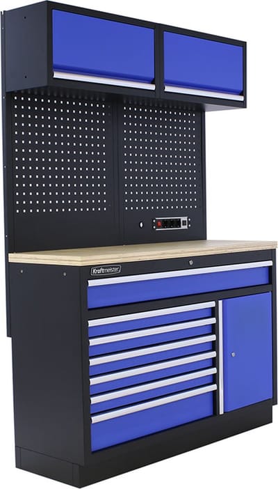 Kraftmeister werkplaatsinrichting - Werkbank met 2 wandkasten en multiplex werkblad - Werktafel met 7 laden, 1 opbergkast en gereedschapswand - Complete set voor werkplaats of garage - Blauw
