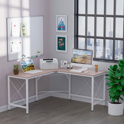 MODFU - Hoekbureau - L-Vormig - Verstelbare Voeten - Thuiskantoor - Metaal En MDF - Naturel - 150 X 150 X 76 Cm